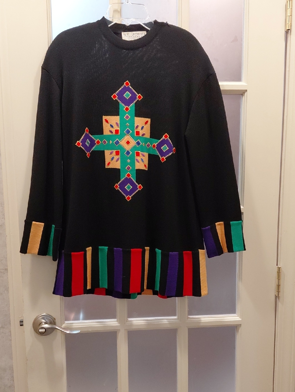 "St. John Sport" VTG, Never worn Black Sweater with Multicolor Geometric Cross..
